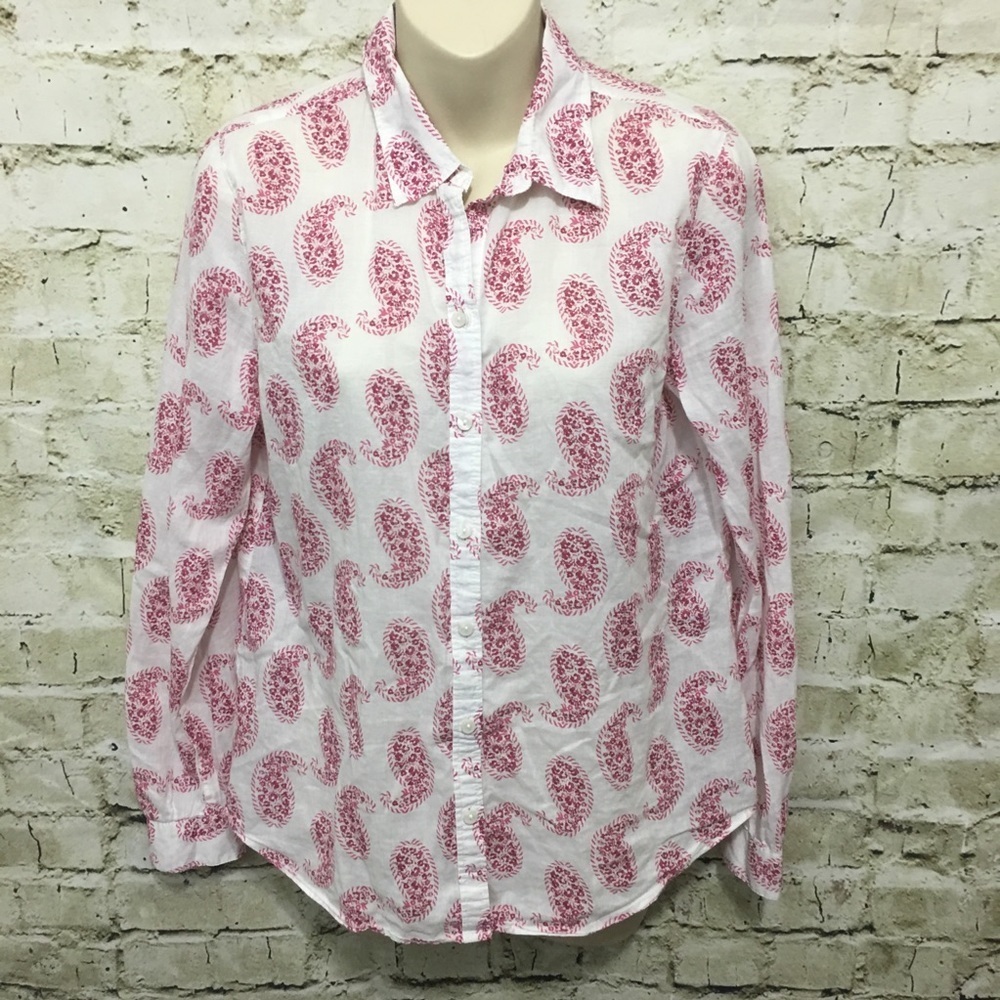 🌻 LOFT White Pink Paisley Button Down Shirt D5